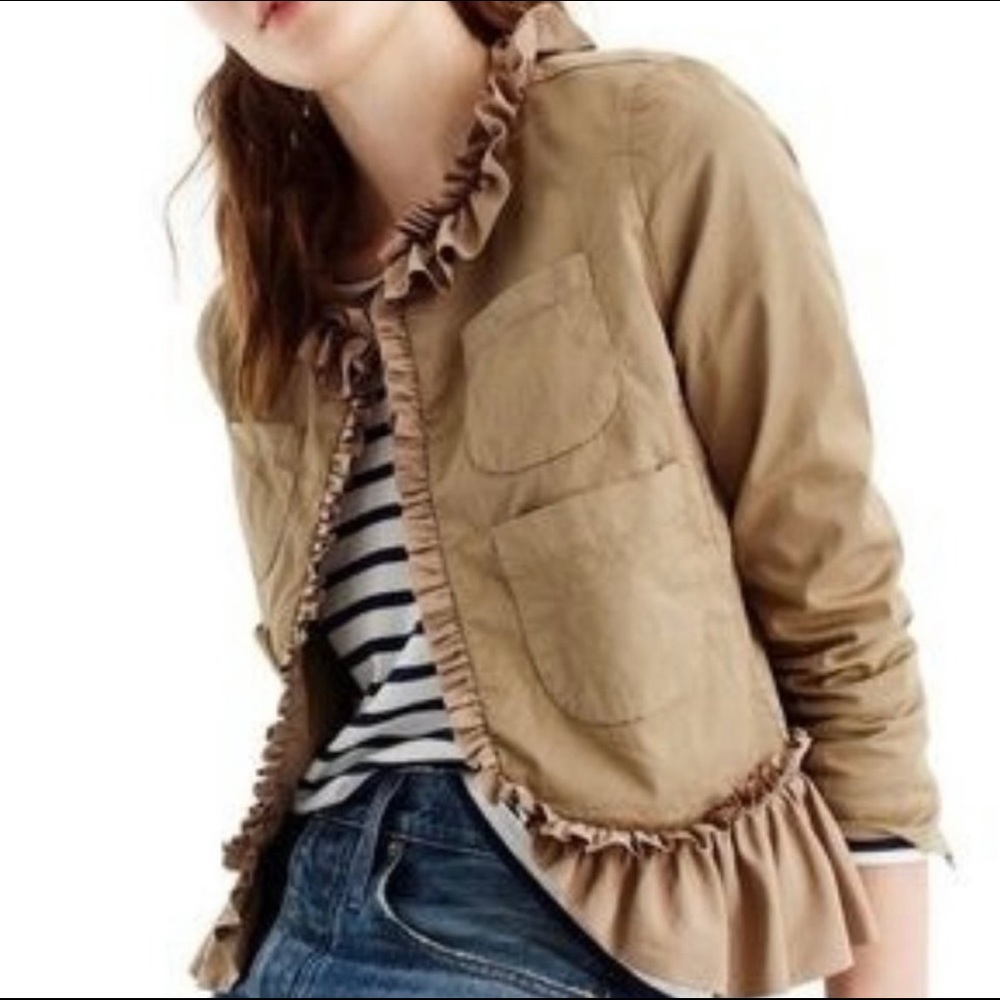 J Crew Cropped Khaki Jacket with Silk Ruffles